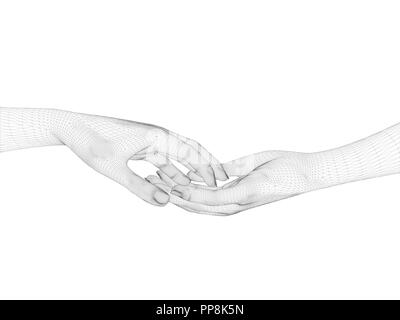 Two polygonal hands touch each other. 3D. Background with hands isolated. Vector illustration. Stock Vector