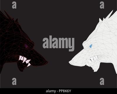 Two polygonal wolves look at each other angrily. Confrontation of white and black wolves. 3D. Wolves on a black background. Vector illustration. Stock Vector