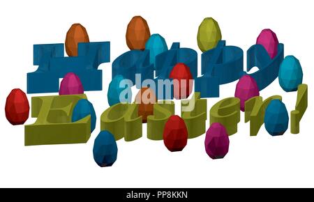3d inscription Happy Easter. Congratulation on Easter. Happy Easter inscription isolated on white background. Vector illustration. Many multicolored p Stock Vector