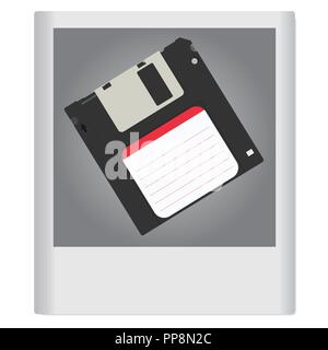 A floppy disk on an old photo. Vintage disk in the frame. Vector illustration. Stock Vector