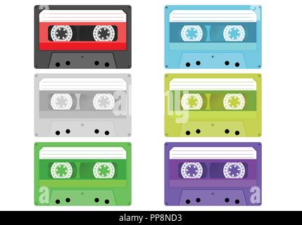 Vintage cassettes for tape recorders in the range. Set with old multi-colored cassettes. Vector illustration. Stock Vector