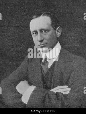 Guglielmo Marconi, 1st Marquis of Marconi (25 April 1874 – 20 July 1937) was an Italian inventor and electrical engineer known for his pioneering work on long-distance radio transmission and for his development of Marconi's law and a radio telegraph system. Stock Photo