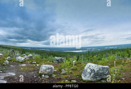 View from the mountain Vottovaara is the highest peak in the reserve on a cloudy day, Karelia, Russia. Stock Photo