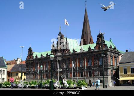 Sweden.  Malmo. Stortorget square with the historical town hall, built 1544-1547 with its renewed facade in Dutch Renaissance style from 1860. Stock Photo