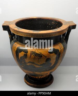 Greek krater depicting the hero Hercules and the God Hermes at a banquet in a cave. 510-500 BC. Made in Athens by the Rycroft's painter. Ceramics. Black figures. National Archaeological Museum. Naples. Italy. Stock Photo