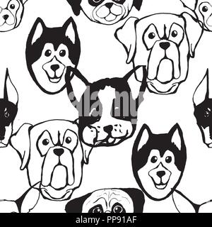 Seamless pattern with Dog breeds. Bulldog, Husky, Alaskan Malamute, Retriever, Doberman, Poodle, Pug, Shar Pei, Dalmatian Stock Vector