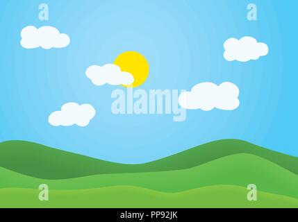Flat design illustration of summer mountain landscape with green grassy hill under a clear blue sky with white clouds and shining sun - vector Stock Vector