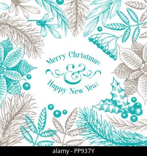Greeting Christmas card in vintage style. Vector hand drawn illustrations. Frame with coniferous, pine branches, berries, holly, mistletoe. Winter forest background. Merry Christmas template. Stock Vector
