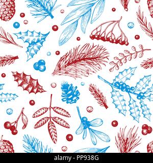 Vector Christmas seamless pattern. Hand drawn winter illustrations. Banner with coniferous, pine branches, berries, holly, mistletoe in retro style. Merry Christmas background. Stock Vector