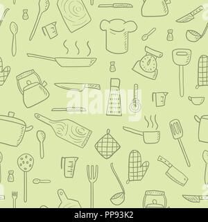 Cooking utensils and kitchen tools - seamless background doodle vector. Stock Vector
