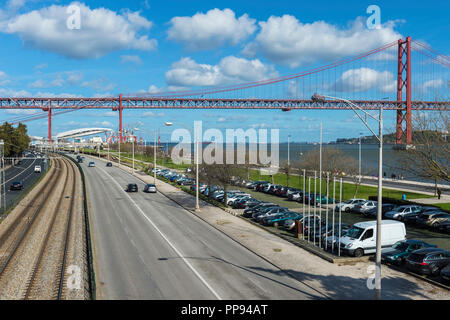 Brasilia Avenue and 25 April Bridge, former Salazar bridge, over the Tagus river, Lisbon, Portugal Stock Photo