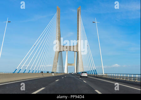 Ponte Vasco de Gama bridge, longest bridge in Europe, Lisbon, Portugal Stock Photo