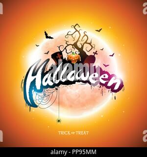 Happy Halloween illustration with moon, flying bats and pumpkin hand on orange background. Vector Holiday design template with typography lettering and cemetery for greeting card, flyer, banner, celebration poster or party invitation. Stock Vector