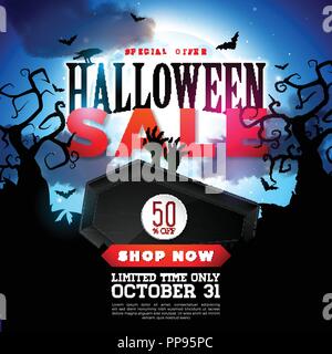 Halloween Sale vector banner illustration with coffin and zombie hand on blue background. Holiday design with typography lettering for offer, coupon, celebration, voucher or promotional poster. Stock Vector