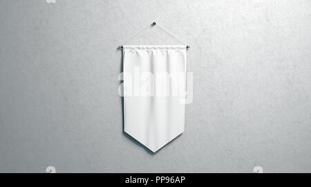 Blank white rhombus pennant mockup, wall mounted, 3d rendering. Empty flag mock up, isolated on surface. Clear hanging penant, front view. Promotion pennon tempalate. Stock Photo