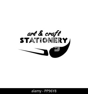 Art and Craft Stationery Store lettering logo isolated design. Shop with brush silhouette. Black metal laser cut sign. Creativity logotype for branding. Isolated vector Stock Vector