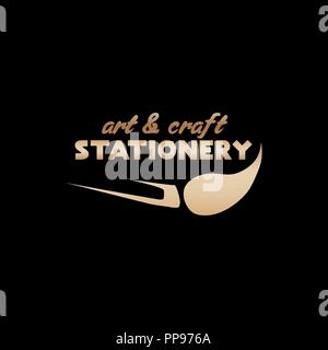 Art and Craft Stationery shop. Golden lettering logo design. Online store with bronze handdrawn fonts and brush pen symbol. Gold metal sign on black background. Creativity logotype. Isolated vector Stock Vector