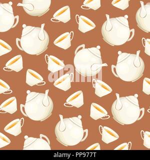 Tea or Coffee Seamless Pattern with Porcelain Teapot and Tea cup in Flat Style. Ready to Print on Fabric Textile, Tablecloth or Paper Gift Wrapping and Scrapbooking Stock Vector
