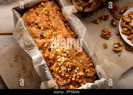 Easter fruit cake in baking mold with empty space for text Stock Photo
