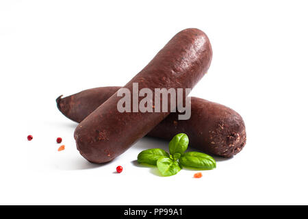 Food concept Raw Blood pudding black sausages on white background Stock Photo