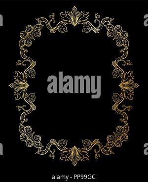 Golden Floral border or Frame for picture. Gold Italian vintage ornament for photo. Isolated Retro divider with swirl for greeting card or wedding. Royal, luxury flourish, headpiece template Stock Vector