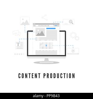 Content production. Blogging or news creating. Website development on PC screen from different elements. Vector illustration Stock Vector