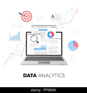 Data analytics concept. SEO optimization. Search Engine Optimization. SEO content marketing. Web analytics design. Vector illustration isolated on whi Stock Vector