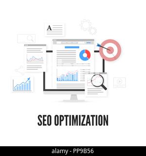 SEO optimization concept. Web analytics design. Search engine optimization. Vector illustration Stock Vector