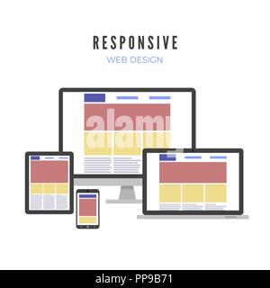 Responsive web design. Website template on different gadgets screen. Vector illustration Stock Vector