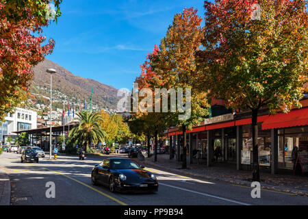 Central street of Locarno in autumn - southern Swiss town in canton of Ticino, Switzerland. Stock Photo