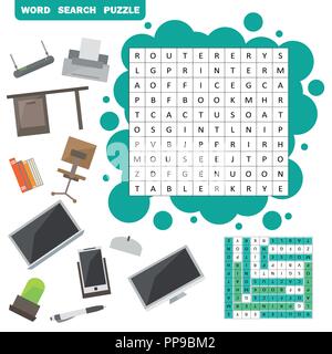 Vector colorless crossword, education game for children about Set of office item Stock Vector