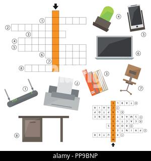 Vector colorless crossword, education game for children about Set of office item Stock Vector