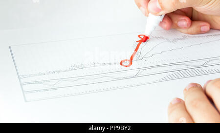 Closeup image of male hand drawing increasing financial graph on paper using stock sales data Stock Photo