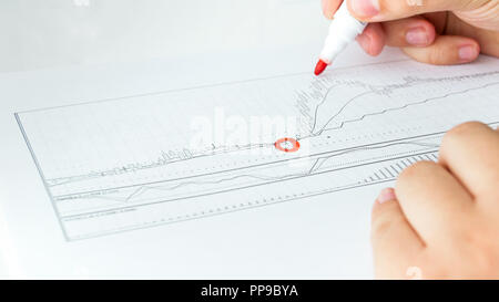 Closeup image of businessman marking important points of financial activity graph Stock Photo