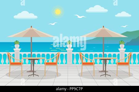 Cafe with tables under umbrellas with sea views on the street Stock Vector