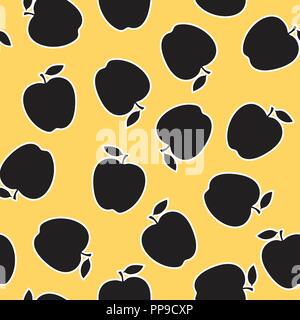 Apple black silhouette sticker on a gold background. Seamless pattern. Vector illustration. Stock Vector