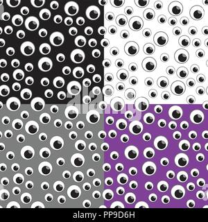 Vector illustration Many eyes seamless pattern. Happy Halloween design for children. On a black, white and purple background. Stock Vector