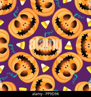 Happy Halloween jackolantern seamless pattern. Jack lantern Vector illustration isolated on purple background. Stock Vector