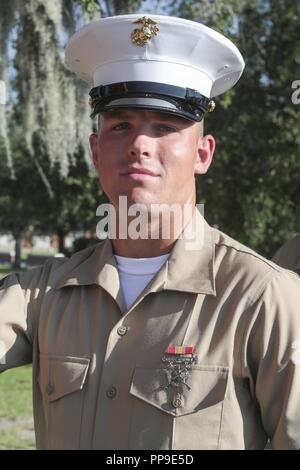 U.S. Marine Corps Pfc. Nicholas Perkins is the honor graduate for Platoon 3061, India Company, 3rd Recruit Training Battalion, and graduated boot camp Aug. 17, 2018. Perkins is from Richmond, Va. Stock Photo