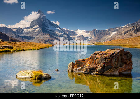 Swiss Alps. Landscape image of Swiss Alps with Stellisee and Matterhorn in the background. Stock Photo