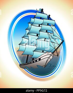 Blue sails ship in a circle. Vector draw Stock Vector