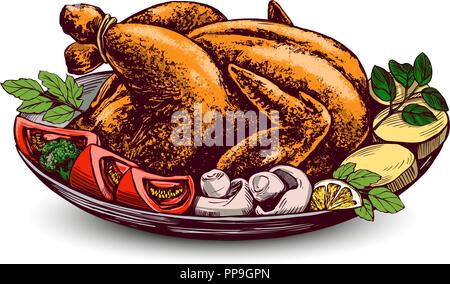 Roasted turkey, chicken,with ingredients hand drawn vector illustration sketch. Stock Vector
