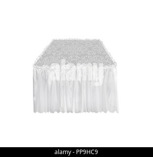 Empty Square Table with silk banquet Tablecloth with folds and ruffles along the edge Isolated on White Background Stock Photo