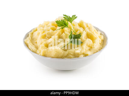 Mashed potatoes in bowl isolated on white background. Stock Photo