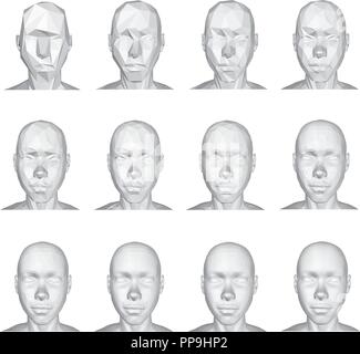 Set with a polygonal head of a girl. Rethopology of the girl head 3D. 12 stages of detailing and the girl head. Vector illustration of an animation se Stock Vector