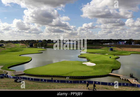 A general view the 18th and 15th greens during preview day one of the Ryder Cup at Le Golf National, Saint-Quentin-en-Yvelines, Paris. Stock Photo