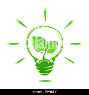 Ecology idea green bulb with plant vector illustration isolated on white background. Ecology concept green energy. Ecological energy vector symbol. Stock Vector