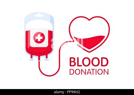 Donate blood concept with blood bag and heart. Blood donation vector illustration isolated on white background. World blood donor day - June 14. Stock Vector