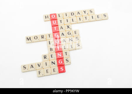 Letter tiles spelling out aspects of personal finances / financial management, and running up bills, debts, personal loans etc. Stock Photo
