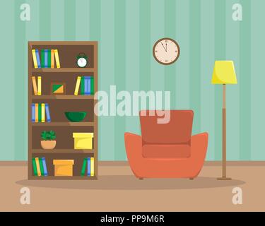 Flat illustration of cozy reading room  with an armchair, bookcase and floor lamp. Flat style vector. Stock Vector